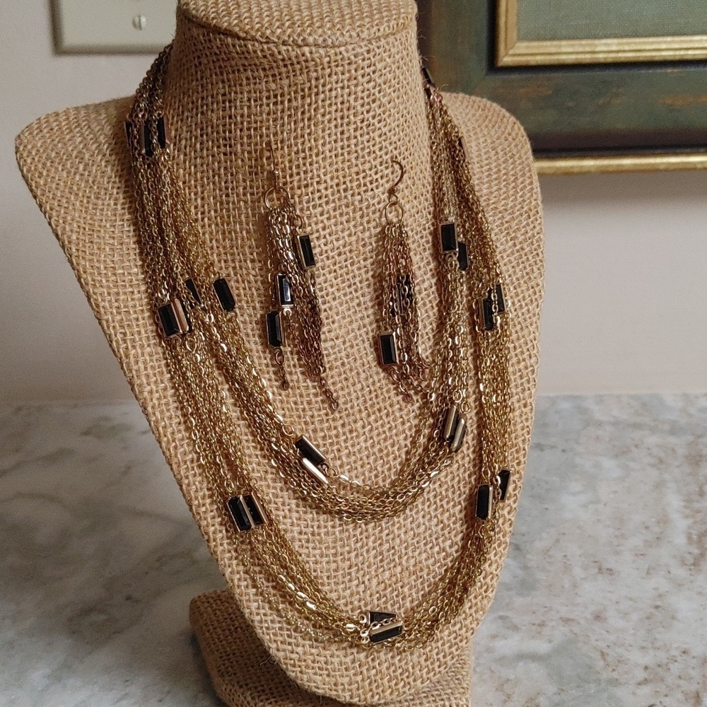 Vintage Multi Chain Rectangular Black Glass Beads and Matching Earrings